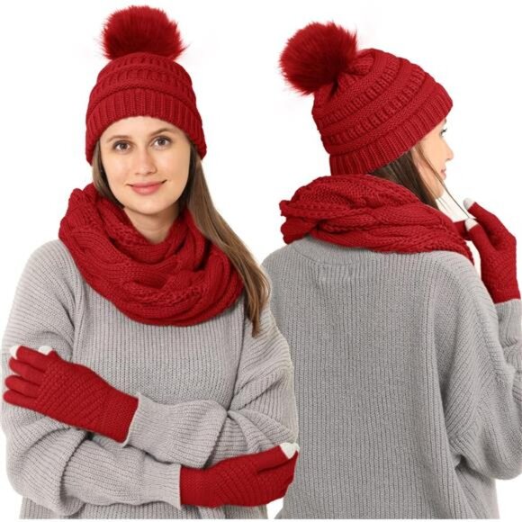 3pcs Women's Winter Beanie Hat Scarf and Touch Screen Gloves Set - Picture 5 of 5